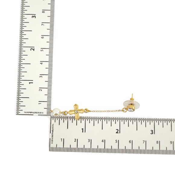 VIRGINS SAINTS & ANGELS VSA Peace Cross Pearl Drop Post Earrings in Gold - Picture 8 of 8